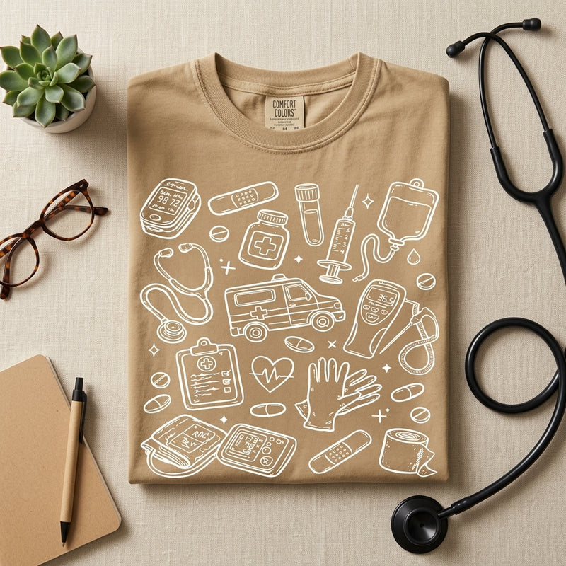 Medical Doodles Tee — Hand-Drawn Healthcare Icons
