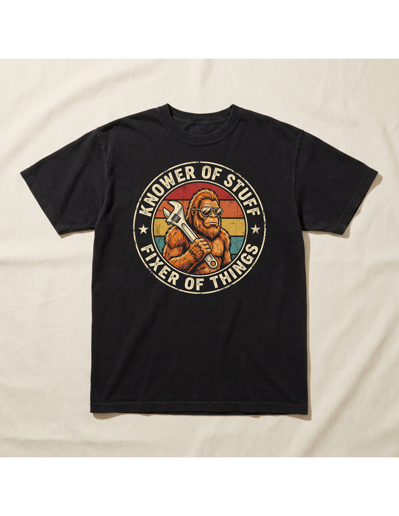 Knower of Stuff, Fixer of Things Bigfoot T-Shirt | Funny Sasquatch Mechanic Shirt